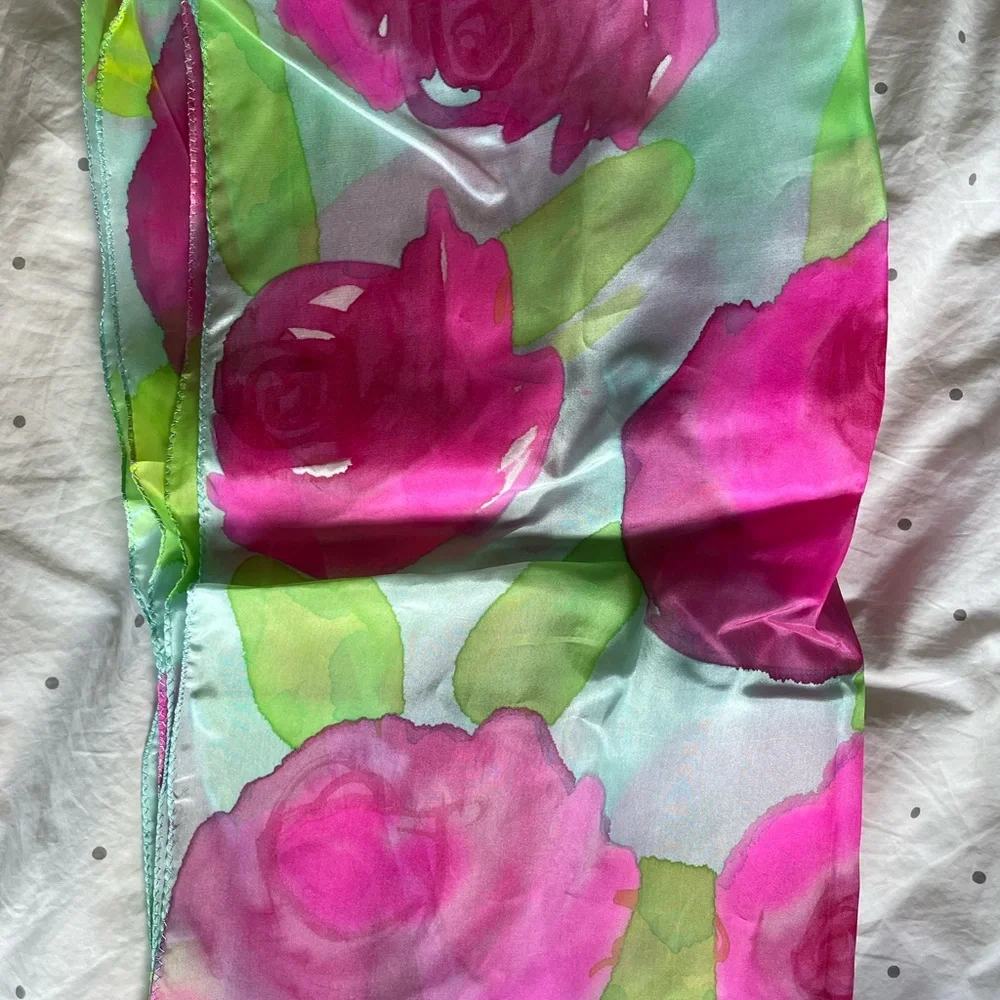 NWOT Hand Printed Floral Pink, Light Blue, and Green Scarf